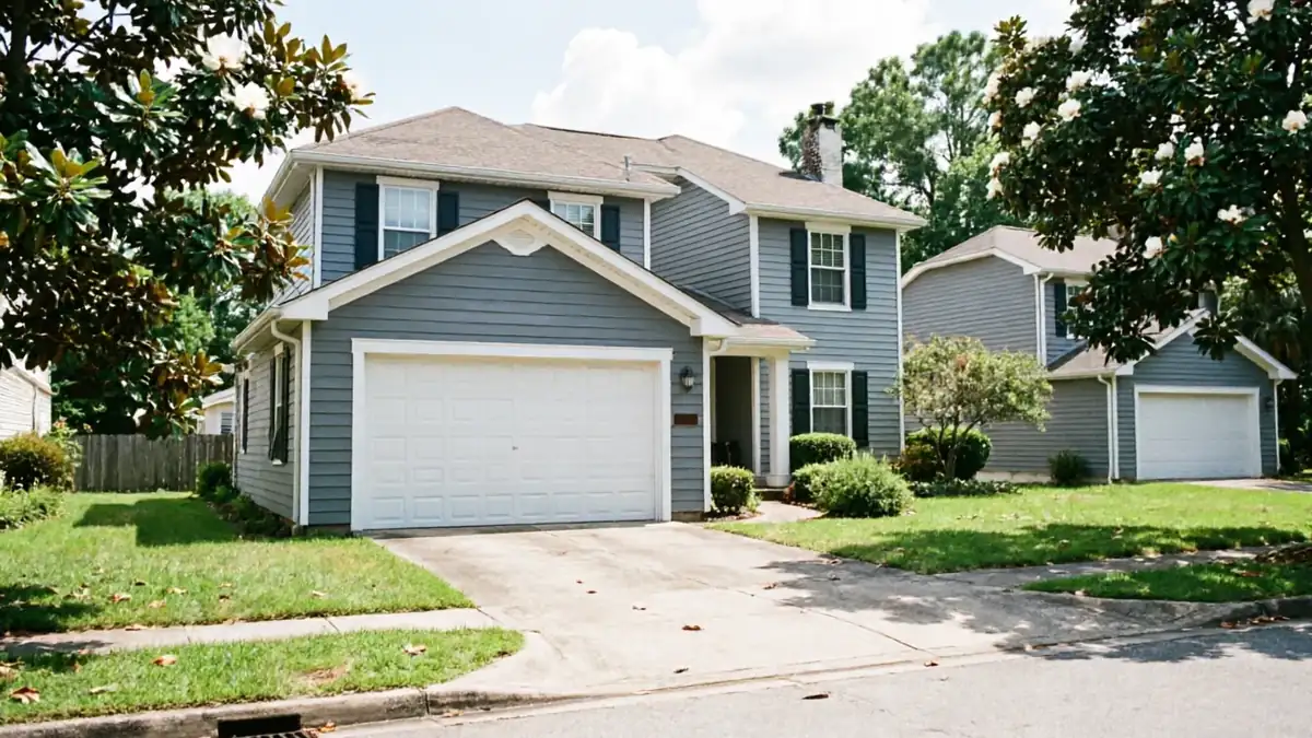 A two-story house with a white garage door and gray siding.