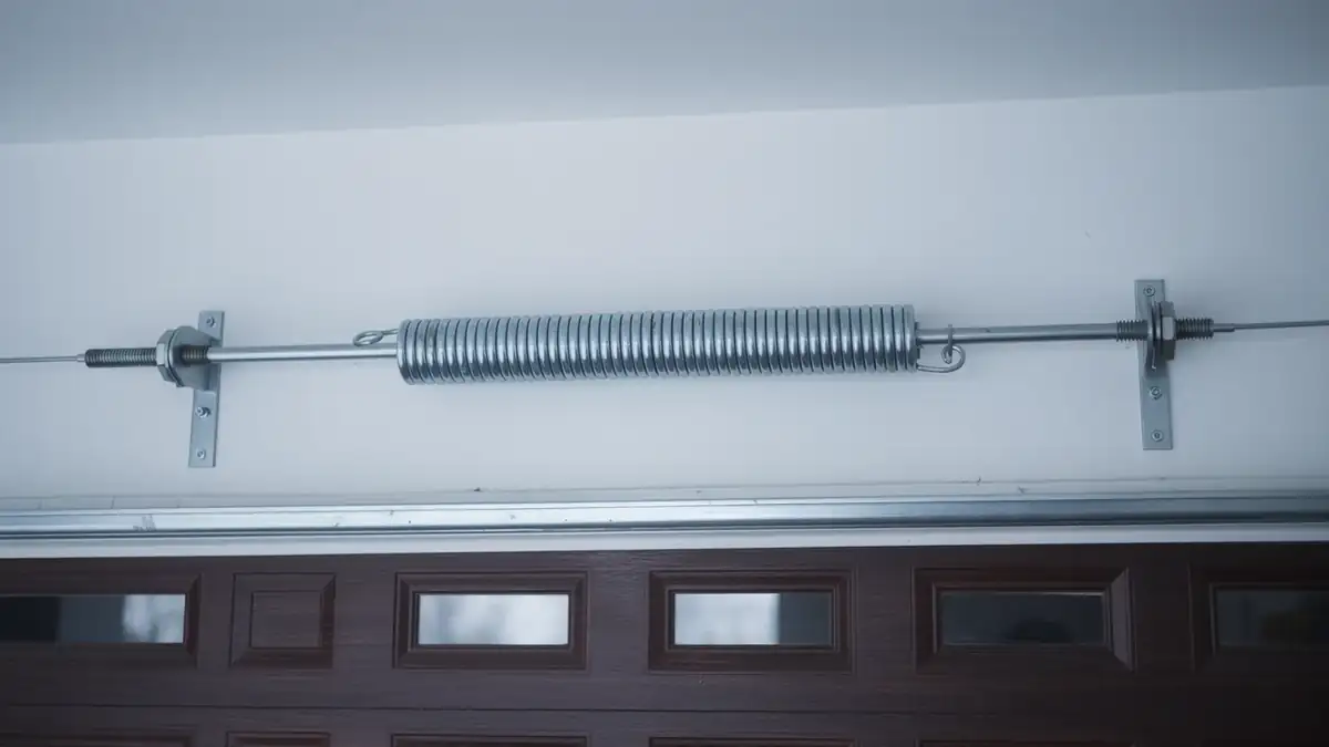 A garage door extension spring is mounted above a brown garage door.